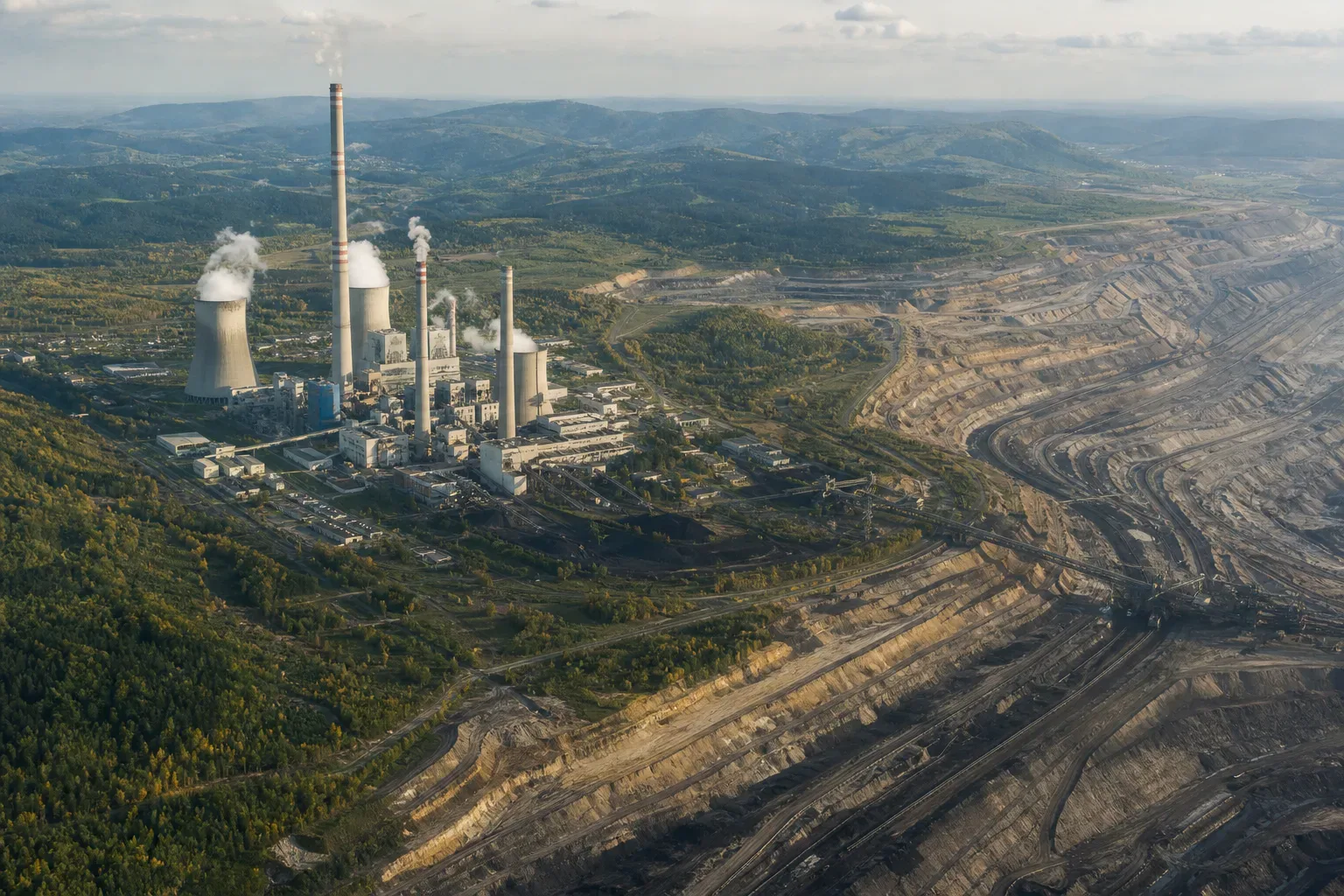 Panorama elektrowni i odkrywkowej kopalni węgla brunatnego Turów w rejonie Bogatyni
