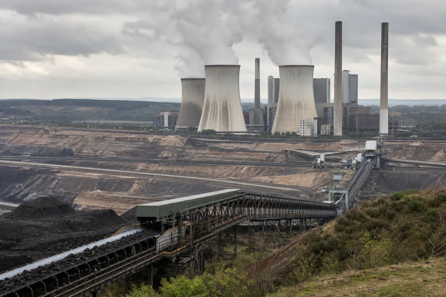 Blok energetyczny elektrowni na węgiel brunatny z chłodniami kominowymi na tle odkrywki
