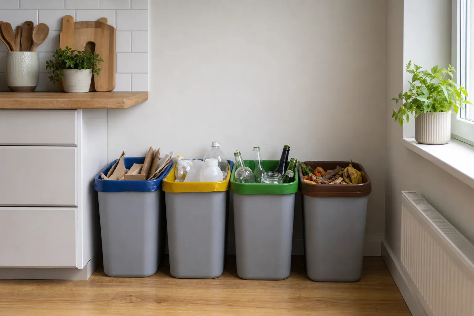 Domowe pojemniki do segregacji odpadów na papier, plastik, szkło i bioodpady w kuchni